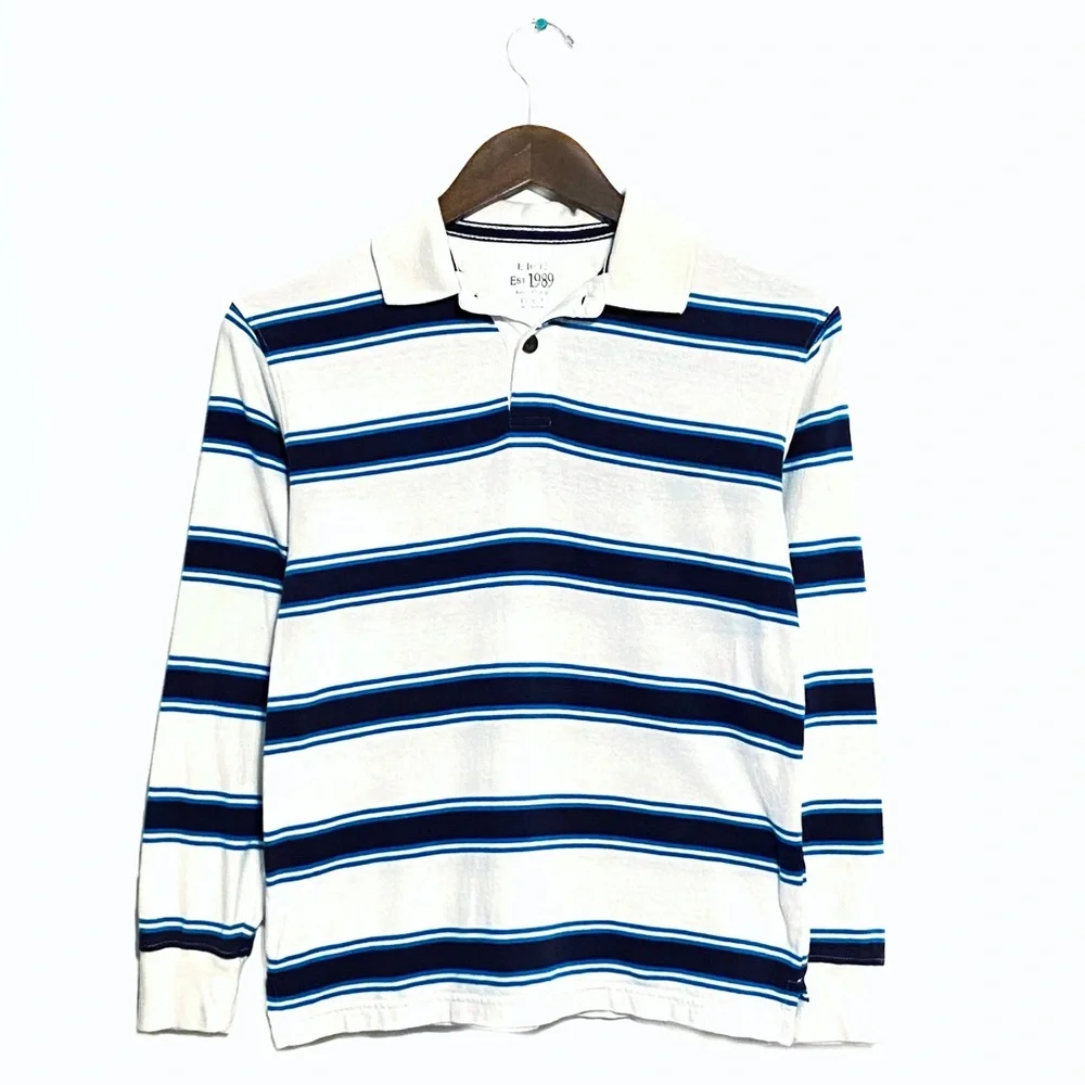 Children’s Place Striped Long Sleeve Polo Shirt White Navy Blue Stripes L 10/12